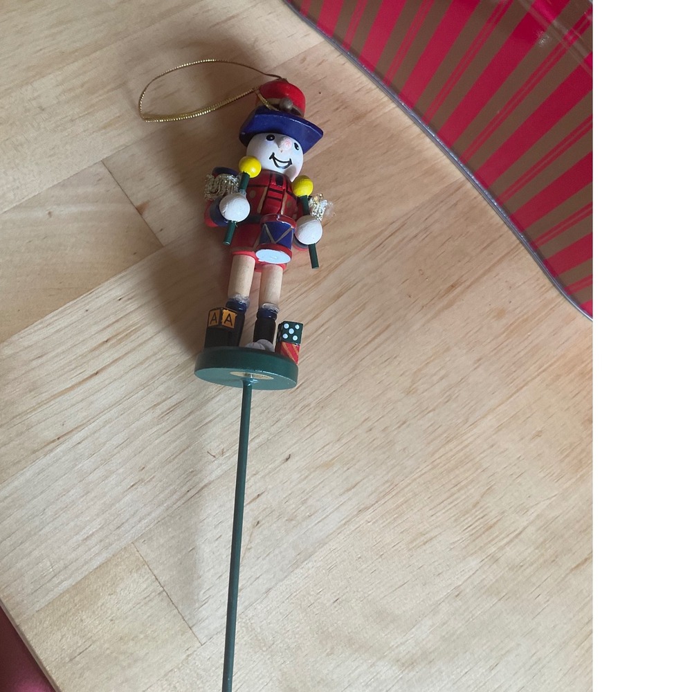 Wooden Nutcracker Drummer Christmas Ornament Floral Pick Red Blue Toy Soldier